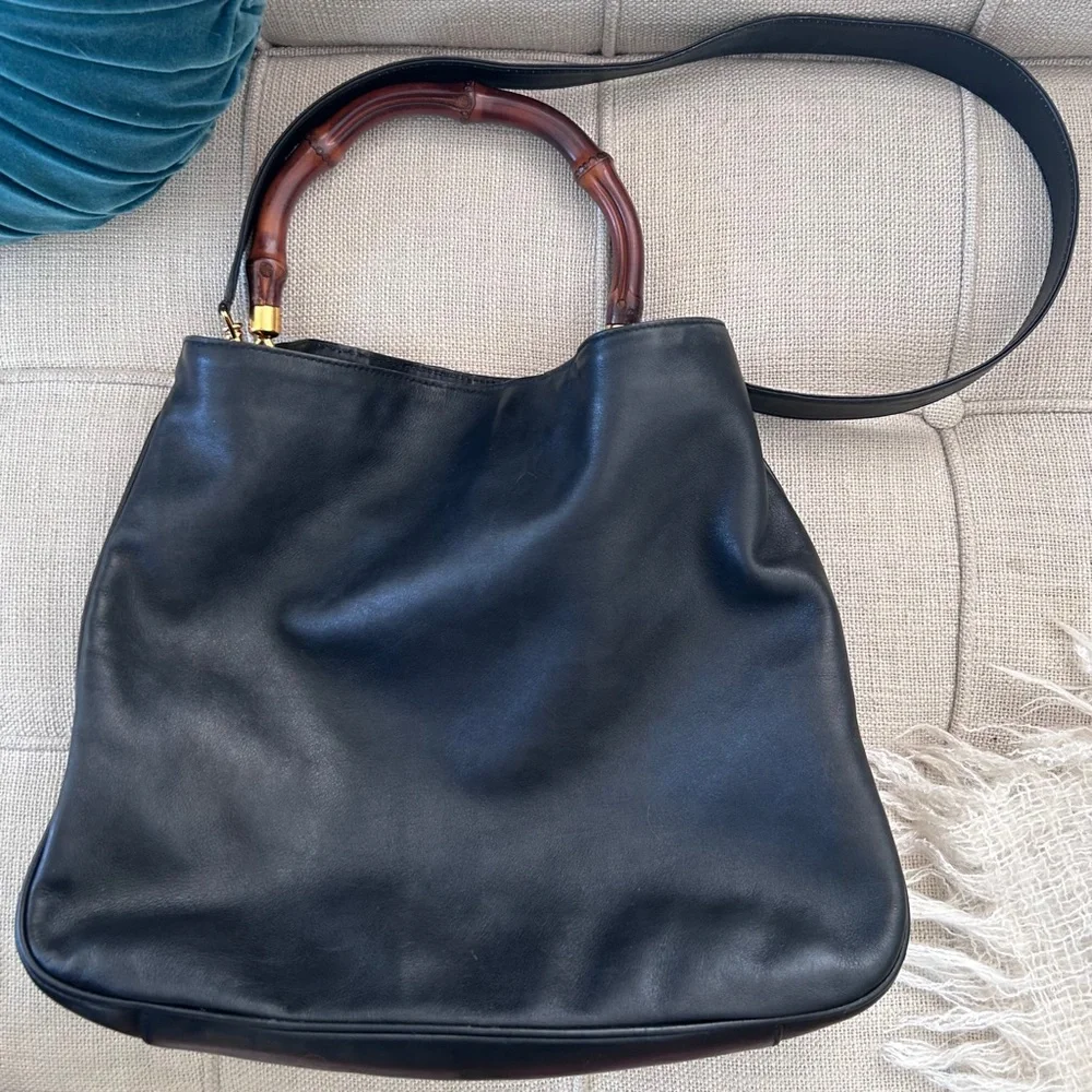 GUCCI Leather 2-Way Hobo Bag, Bamboo Handle & Shoulder Strap, Tom Ford Era